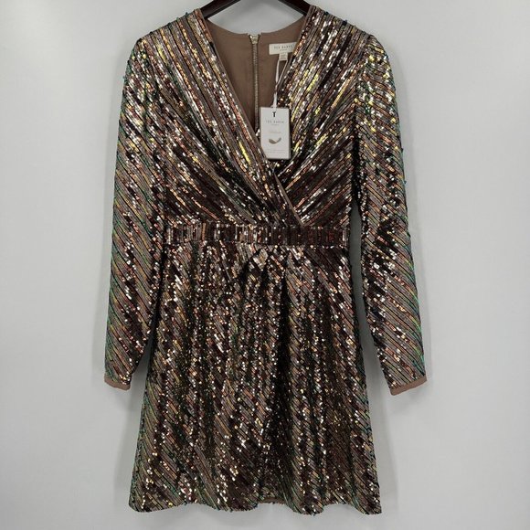 Ted Baker Long Sleeve Pipii Sequin Dress Faux Wrap Mini Cocktail Party 1/S NWT - Picture 1 of 7